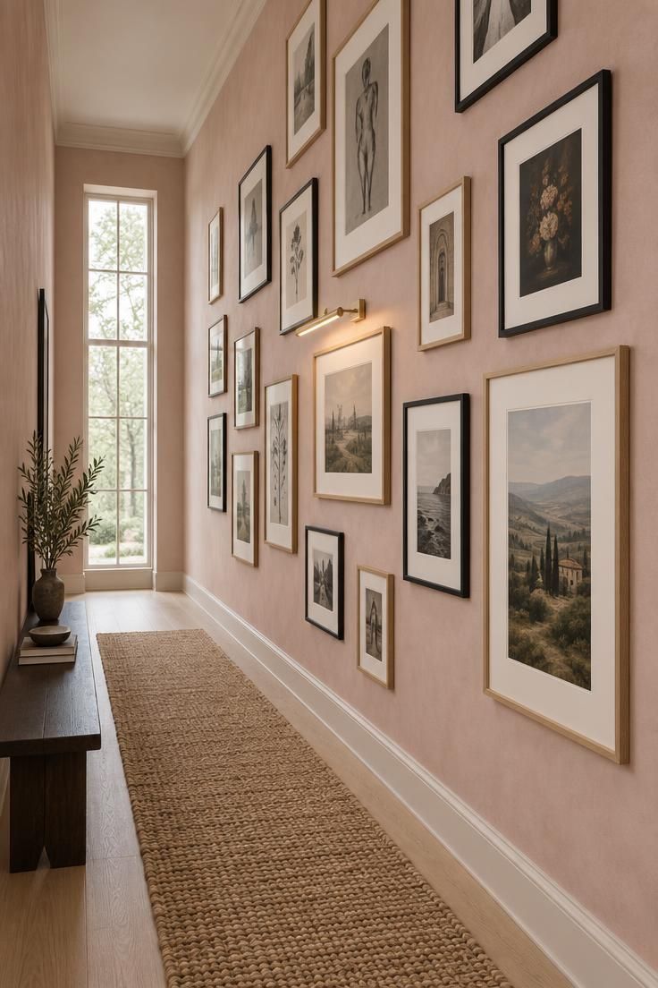 13 Clever Large Hallway Ideas to Make Yours Feel Like a Room 4 A long hallway wall hung with multiple framed pieces at even intervals and varied sizes across nearly the full wall height, with a low bench opposite and a jute runner on the floor.
