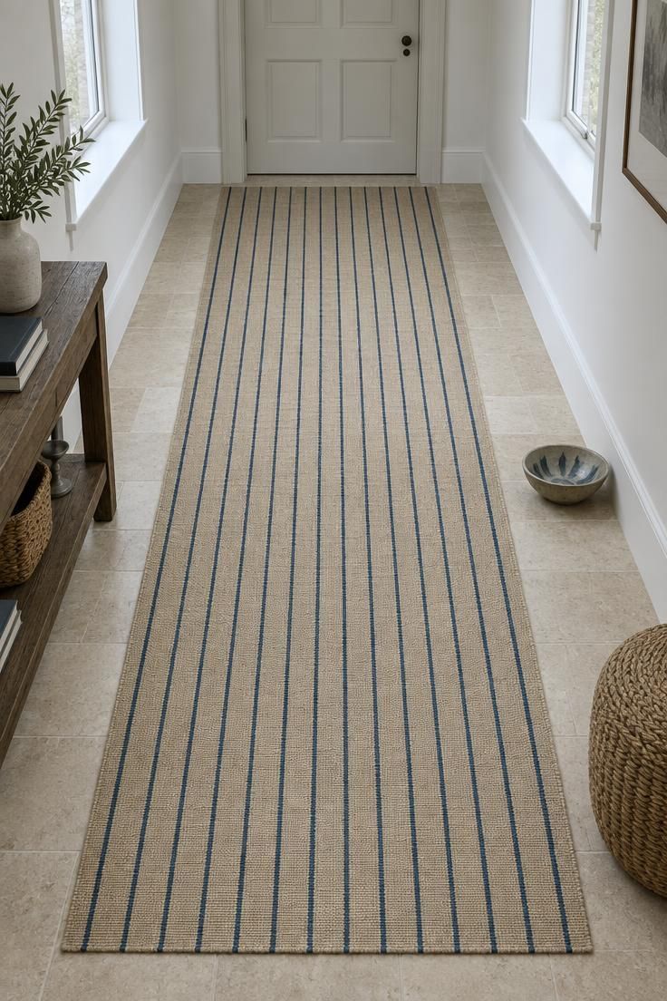 13 Clever Large Hallway Ideas to Make Yours Feel Like a Room 5 An overhead view down a long hallway showing a single continuous flat-weave runner with indigo stripes, bordered by visible limestone floor on both sides and a low console at the edge of the frame.