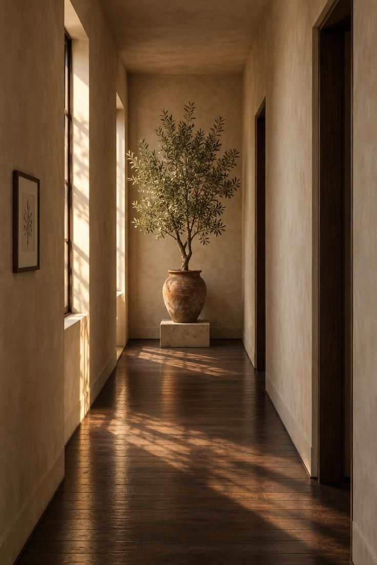 13 Clever Large Hallway Ideas to Make Yours Feel Like a Room 6 The far end of a long plain hallway anchored by a single tall potted olive tree in a terracotta pot on a plinth, with the run in front left deliberately empty and late light across the floor.
