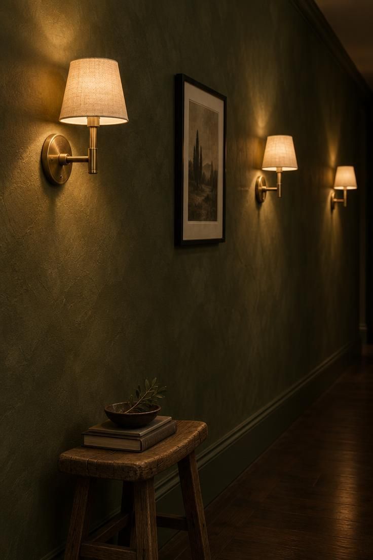 13 Clever Large Hallway Ideas to Make Yours Feel Like a Room 7 A row of matching brass wall lights at even spacing and equal height along one hallway wall in deep olive green, with a slim frame between them and a low stool beneath the nearest.