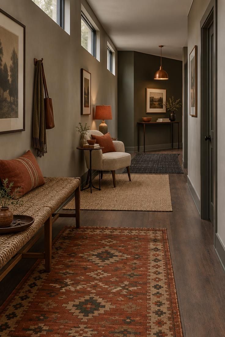 13 Clever Large Hallway Ideas to Make Yours Feel Like a Room 8 A long hallway divided into three zones by a woven entry bench, a middle chair and side table, and a console at the far turn, each with a different rug and a repeated terracotta accent.
