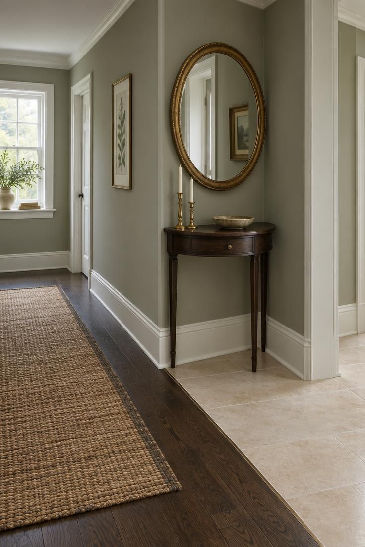 13 Clever Large Hallway Ideas to Make Yours Feel Like a Room 9 An L-shaped hallway corner with a half-moon console and round mirror at the pivot, flooring changing from limestone to dark oak, and a runner ending just short of the turn.