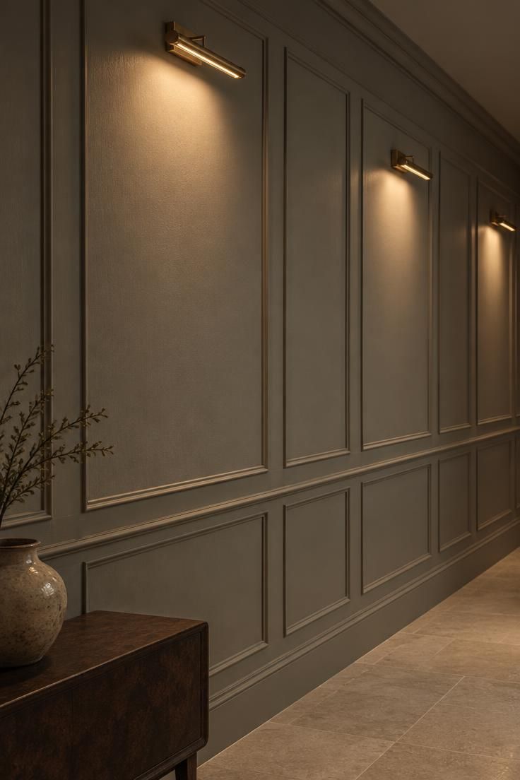 13 Clever Large Hallway Ideas to Make Yours Feel Like a Room 11 A hallway wall clad in full-height painted timber paneling with repeating units, lit by a brass picture light that reveals the surface texture and joint shadow lines above a low console.
