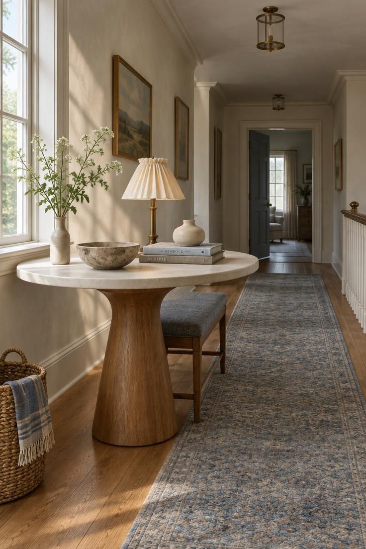 13 Clever Large Hallway Ideas to Make Yours Feel Like a Room 13 A round plaster-top table with a wood pedestal base styled with books, a stone bowl, a lamp, and a tucked bench in a wide upper-floor hallway.