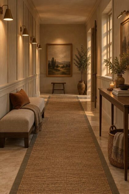 13 Clever Large Hallway Ideas to Make Yours Feel Like a Room A generous hallway arranged as a room with a cushioned bench, a long console, a large canvas at the far end, an even run of brass wall lights, and a continuous runner bordered by limestone floor.