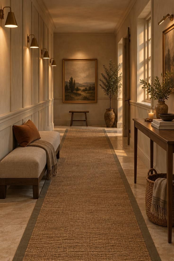 A generous hallway arranged as a room with a cushioned bench, a long console, a large canvas at the far end, an even run of brass wall lights, and a continuous runner bordered by limestone floor.