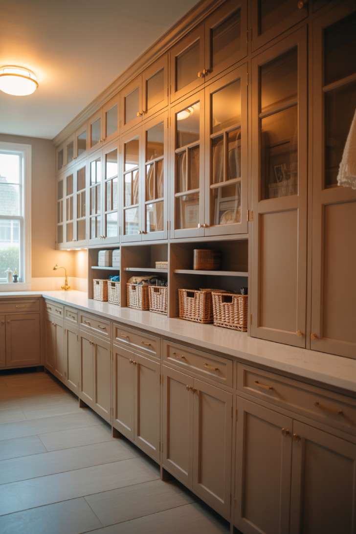 Large laundry room with floor-to-ceiling white shaker cabinetry and brass hardware