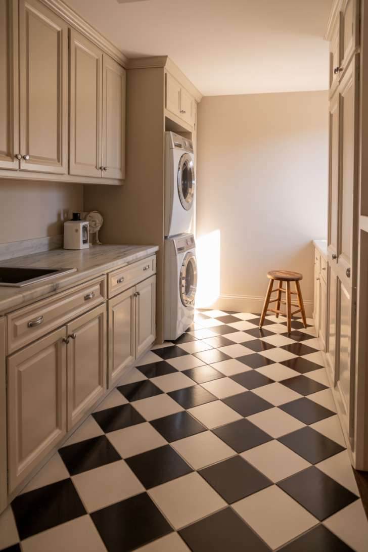 Large laundry room with black and white checkerboard tile floor and white shaker cabinetry