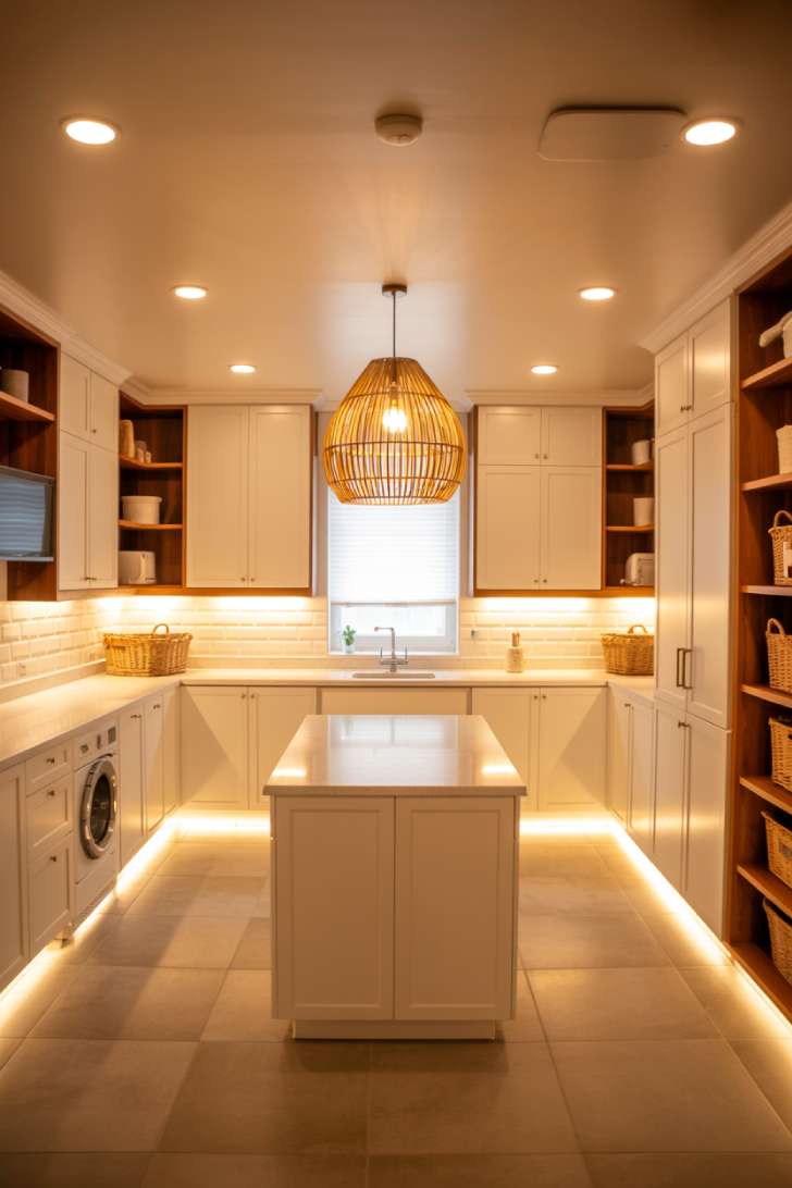Large laundry room with recessed lighting, under-cabinet LED strips, and rattan pendant over island