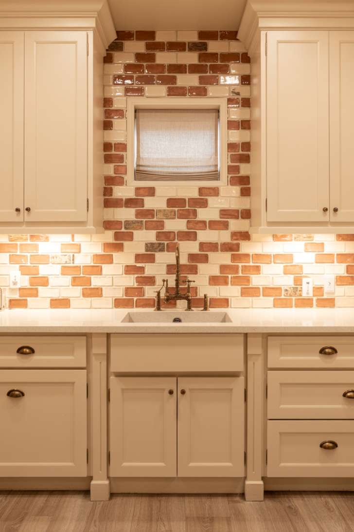 Large laundry room backsplash in handmade zellige terracotta tile behind utility sink with white shaker cabinetry