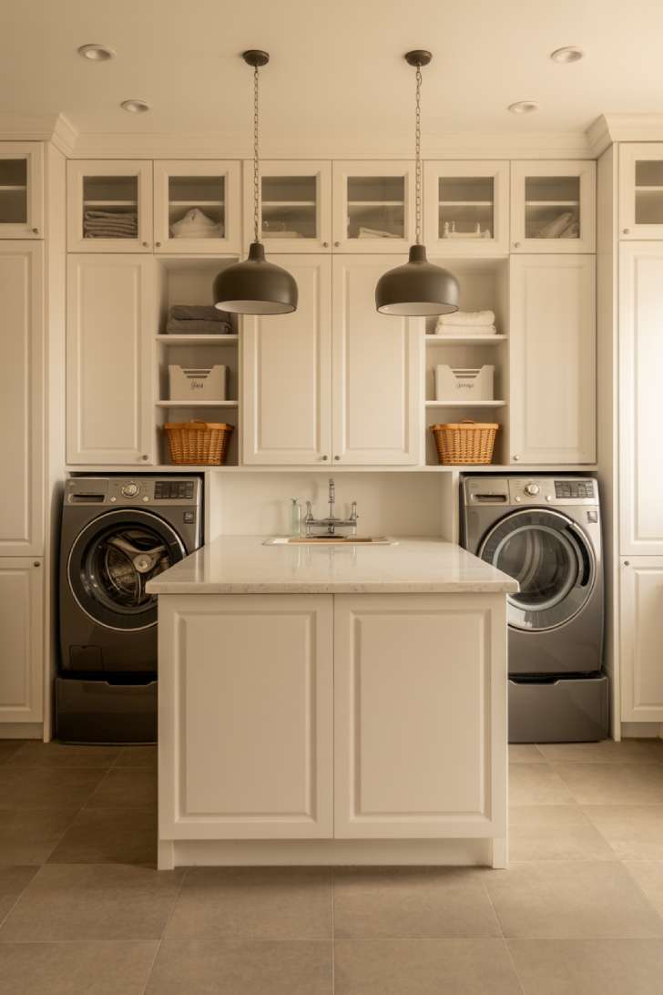 Large laundry room with two washers and two dryers built into white cabinetry under a continuous quartz countertop