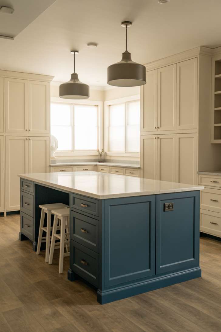 Large laundry room with navy blue central folding island and pendant lighting