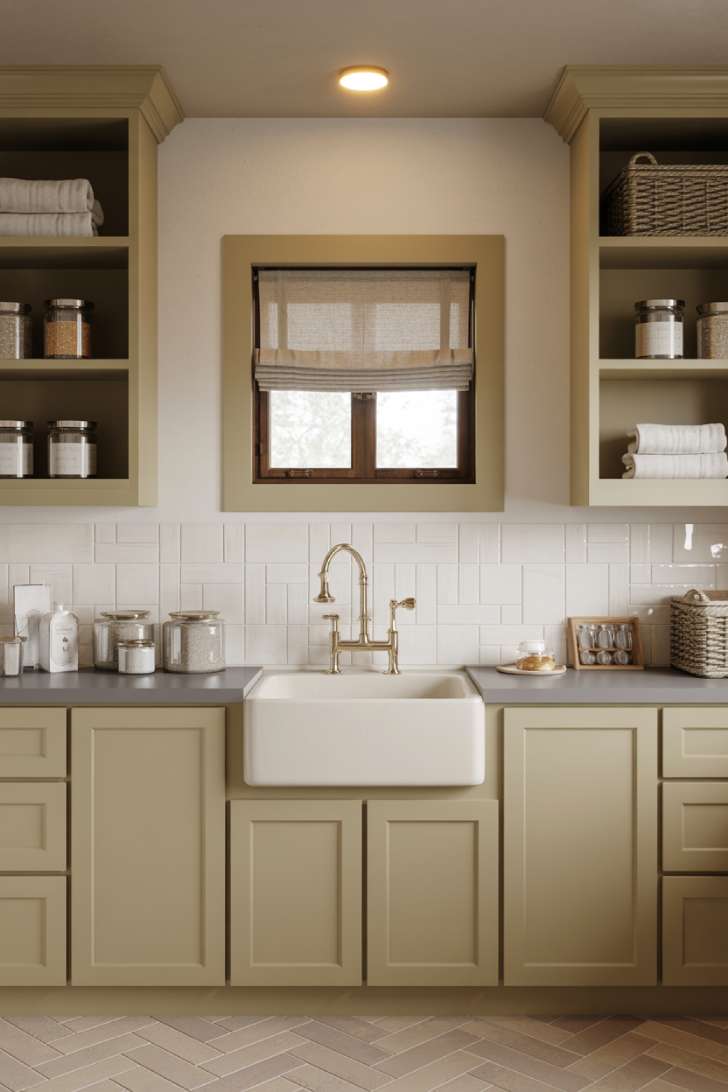 Large laundry room with white farmhouse apron sink, sage green cabinets, and zellige tile backsplash