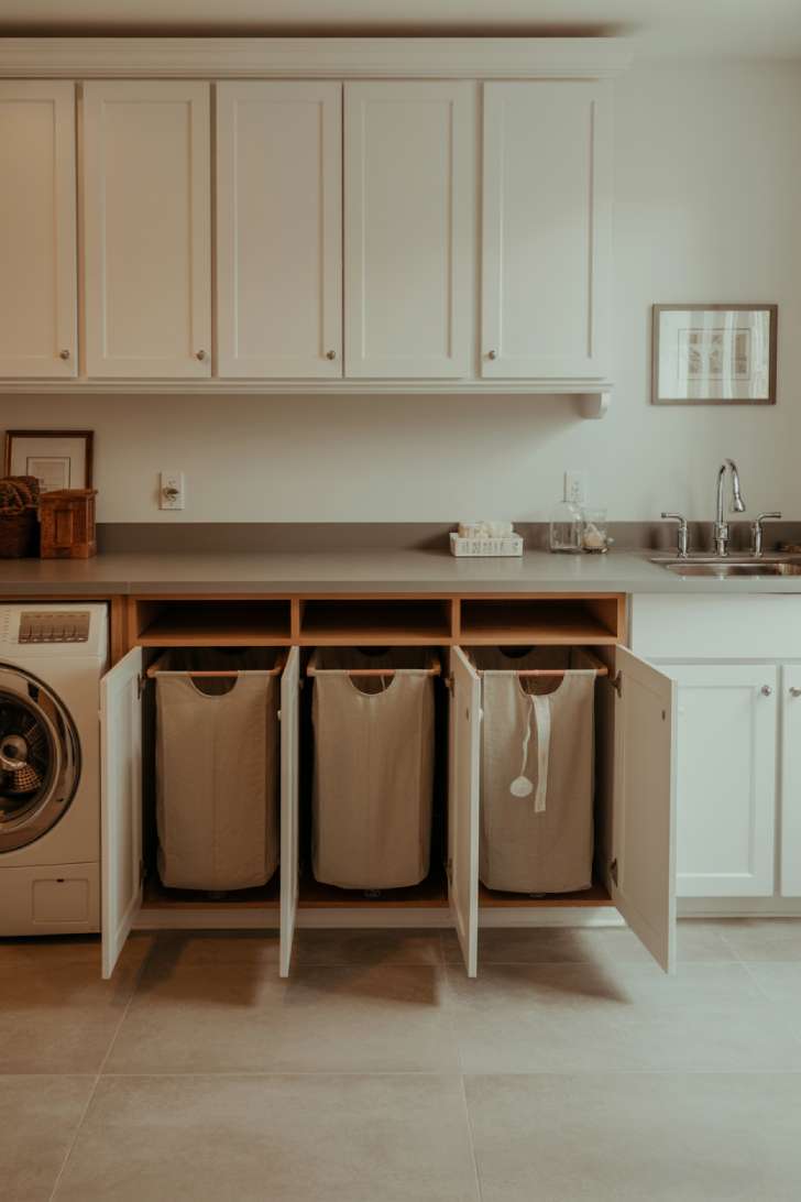 Large laundry room with built-in pull-out hampers and quartz countertop folding station