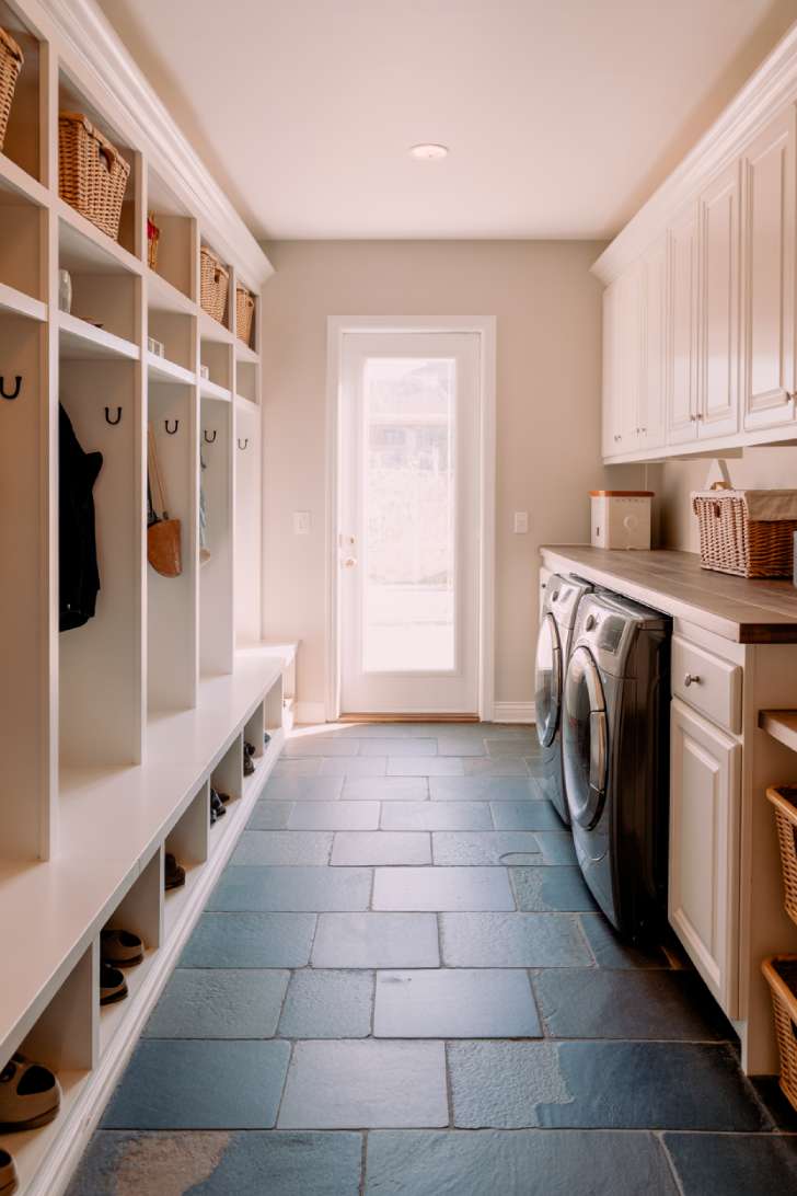 Large mudroom laundry room combo with white built-in lockers, bench storage, and folding counter