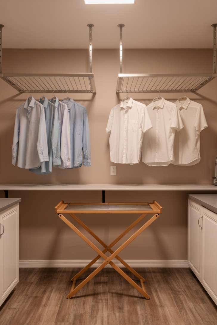 Large laundry room with ceiling-mounted hanging rods and fold-down wall drying rack