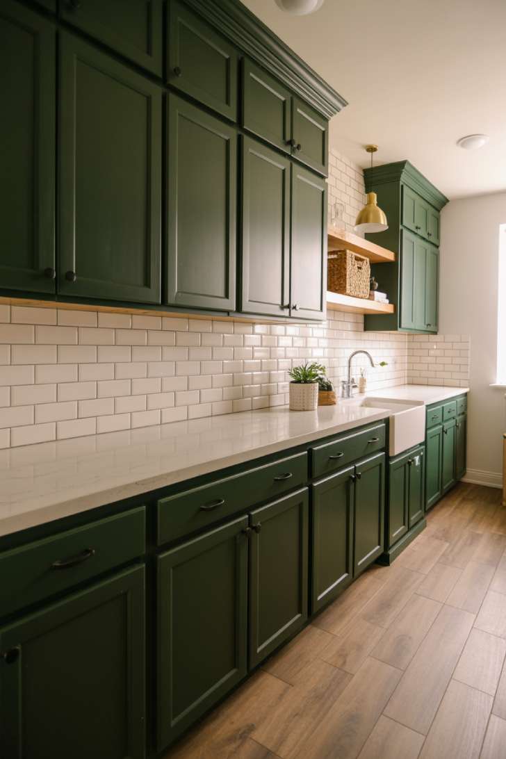 Large laundry room with deep forest green cabinetry, white quartz countertop, and matte black hardware
