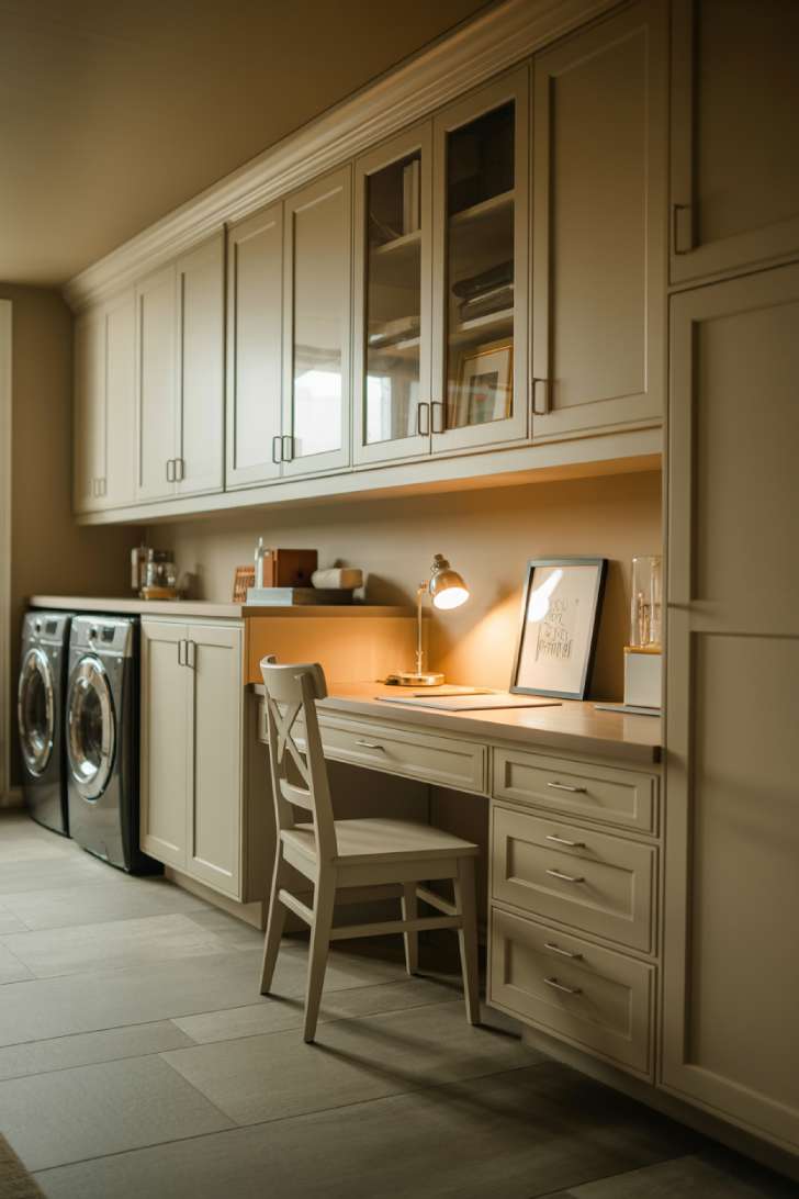 Large laundry room with built-in home office desk nook integrated into white shaker cabinetry
