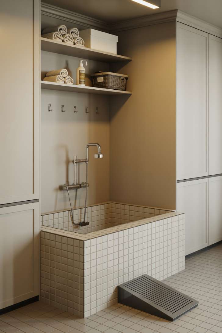 Large laundry room with built-in tiled dog washing station, handheld sprayer, and open shelving
