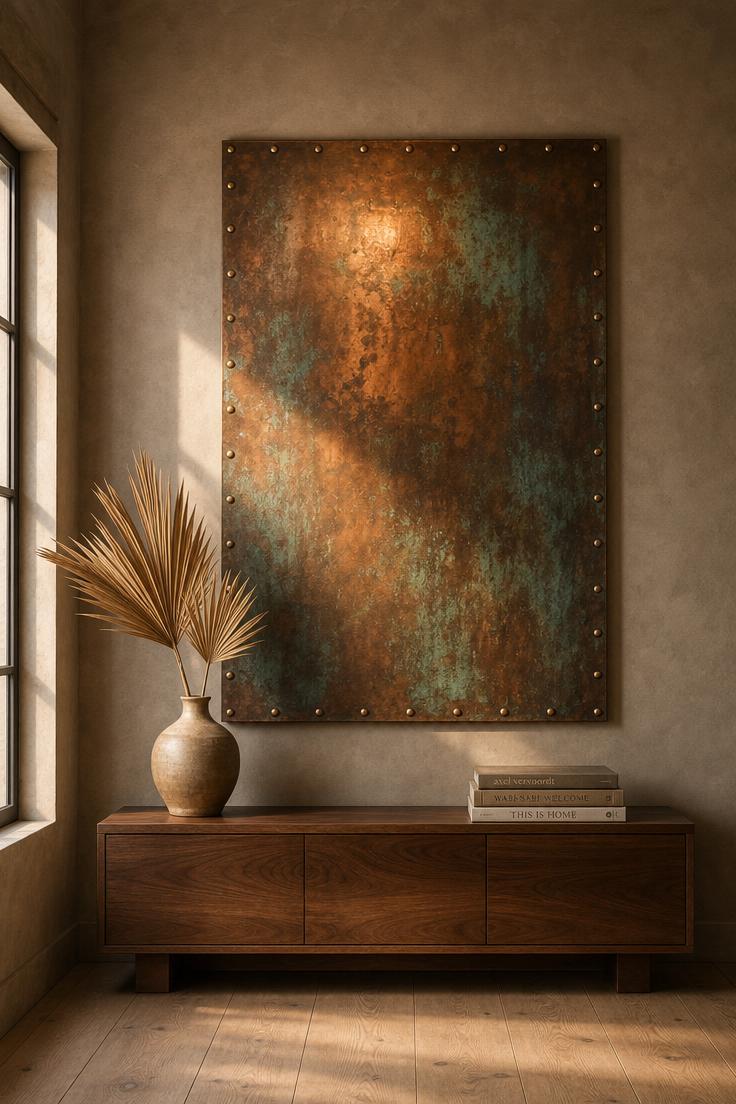 11 Bold Large Wall Decor Ideas That Fill Every Blank Space 1 Aged copper sheet panel with green and amber patina riveted to a warm taupe plaster wall above a walnut credenza with dried palm fronds.