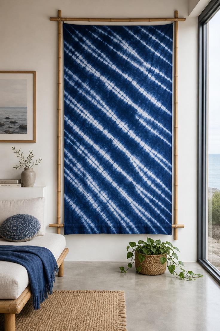 11 Bold Large Wall Decor Ideas That Fill Every Blank Space 2 Floor-to-ceiling indigo shibori fabric panel stretched over a bamboo frame on a white wall with a linen daybed and pothos plant nearby.