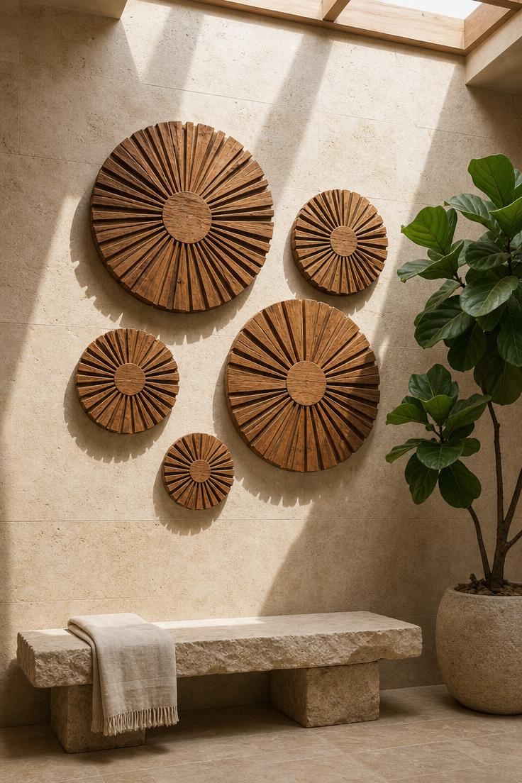 11 Bold Large Wall Decor Ideas That Fill Every Blank Space 3 Cluster of five hand-carved teak sunburst medallions in varying sizes arranged on a sandy limestone wall with bright overhead light.