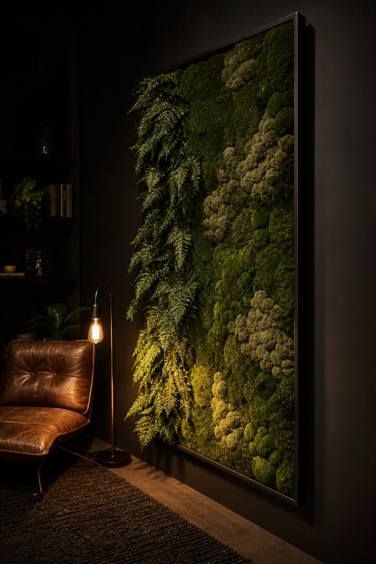 11 Bold Large Wall Decor Ideas That Fill Every Blank Space 5 Full-height preserved moss and fern living wall panel in a blackened steel frame on a dark charcoal wall with moody low light from a nearby floor lamp.