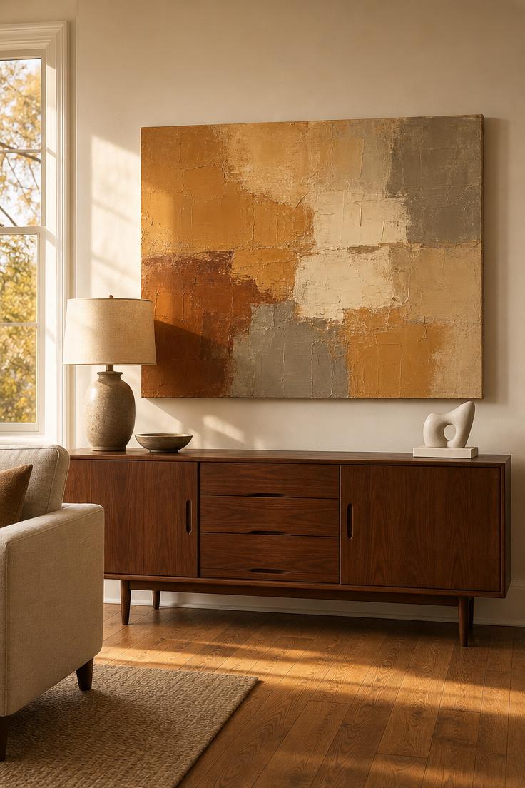 11 Bold Large Wall Decor Ideas That Fill Every Blank Space 6 Wide horizontal abstract canvas in ochre, raw sienna, stone gray, and cream hung above a walnut credenza with warm golden afternoon light.