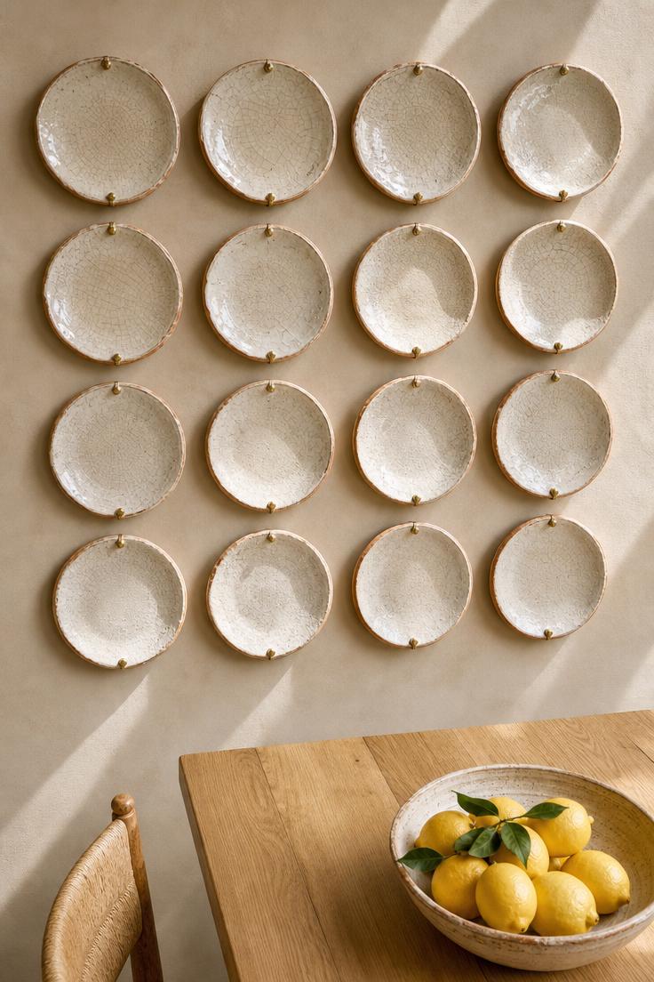 11 Bold Large Wall Decor Ideas That Fill Every Blank Space 7 Overhead angled view of hand-thrown terracotta disc tiles glazed in crackled salt white arranged in a grid on a warm linen wall with brass standoffs.