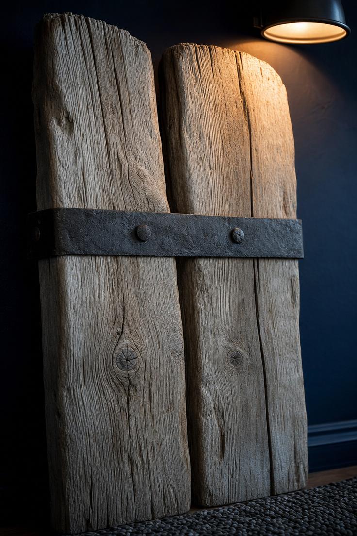 11 Bold Large Wall Decor Ideas That Fill Every Blank Space 9 Close-up of blackened iron strap crossing driftwood planks on a deep navy wall with moody low light from a wall sconce.