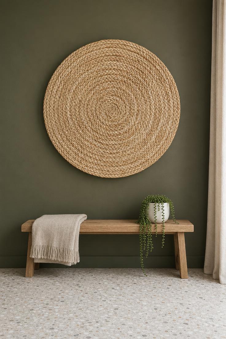 11 Bold Large Wall Decor Ideas That Fill Every Blank Space 10 Oversized woven seagrass disc with tight spiral weave mounted on a deep olive green wall above a natural oak bench with cool overcast light.