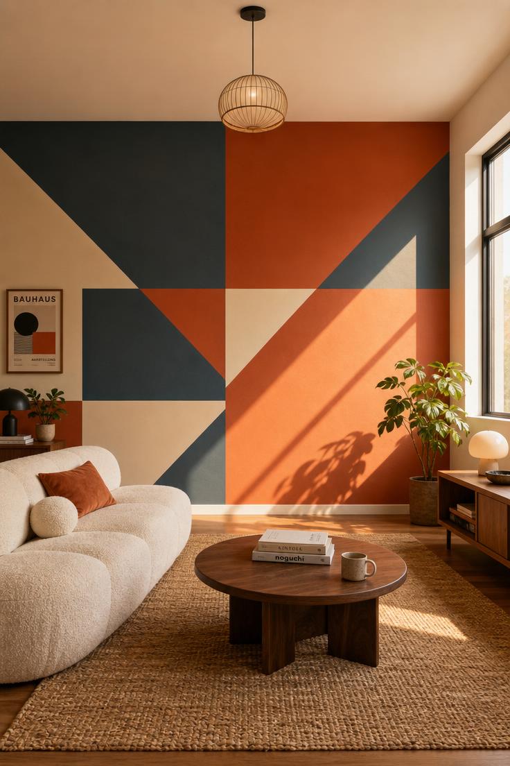 11 Bold Large Wall Decor Ideas That Fill Every Blank Space 11 Full-wall hand-painted geometric mural in terracotta, slate, and cream viewed from across a living room with a cream sofa and warm golden light.