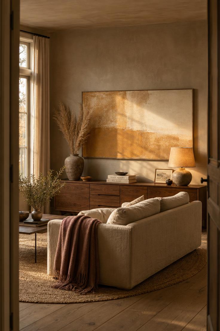 Simple Spaces 16 Cozy living room viewed from a doorway with a large abstract canvas in ochre and cream above a walnut credenza, warm golden afternoon light, and a linen sofa with dried pampas grass.