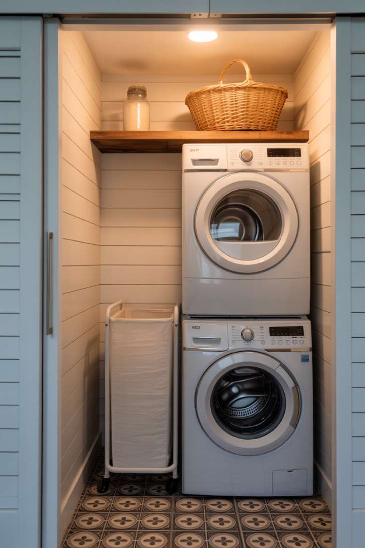 13 Simple Laundry Room Decor Ideas for a Beautiful Space 11 A compact laundry closet with stacked appliances, a slim rolling cart, floating shelf, and a sliding barn door in a small but well-designed space