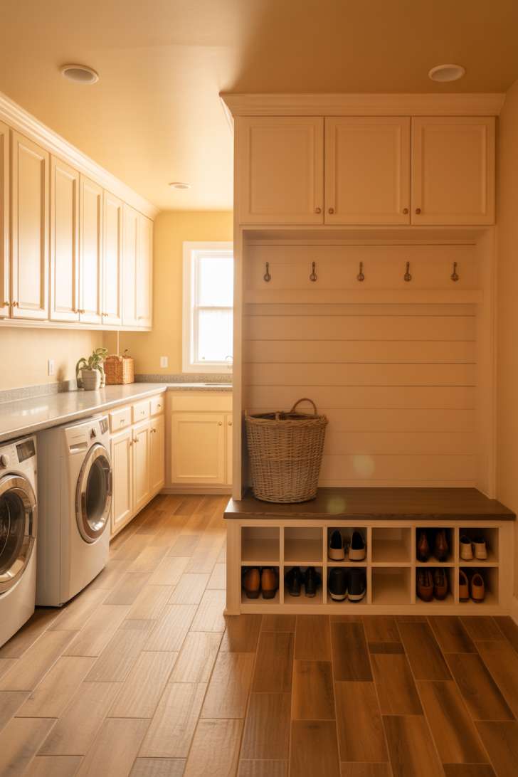 13 Simple Laundry Room Decor Ideas for a Beautiful Space 12 A laundry and mudroom combo with white cabinetry, a built-in bench with coat hooks, and a quartz countertop above the washer and dryer