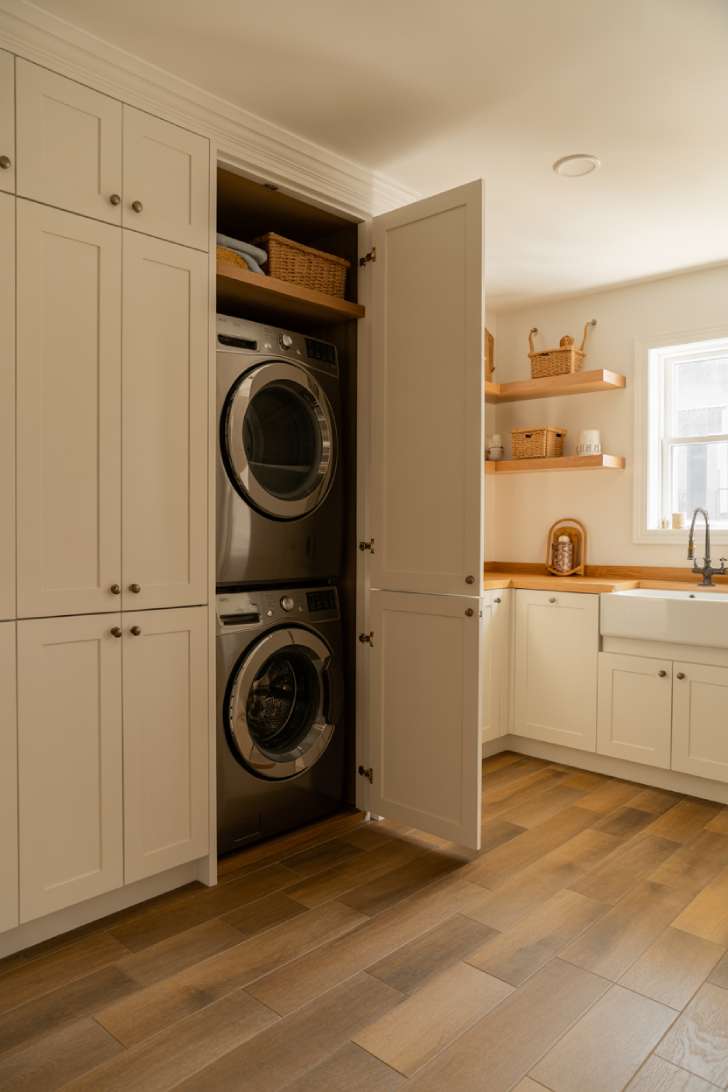 13 Simple Laundry Room Decor Ideas for a Beautiful Space 13 A laundry room connected to an adjacent kitchen through matching white shaker cabinetry, brass hardware, and continuous oak tile flooring