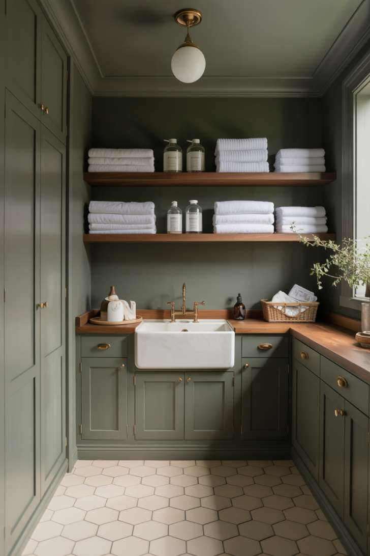 13 Simple Laundry Room Decor Ideas for a Beautiful Space 2 A color-drenched sage green laundry room with brass fixtures, wooden shelves, and a white farmhouse sink