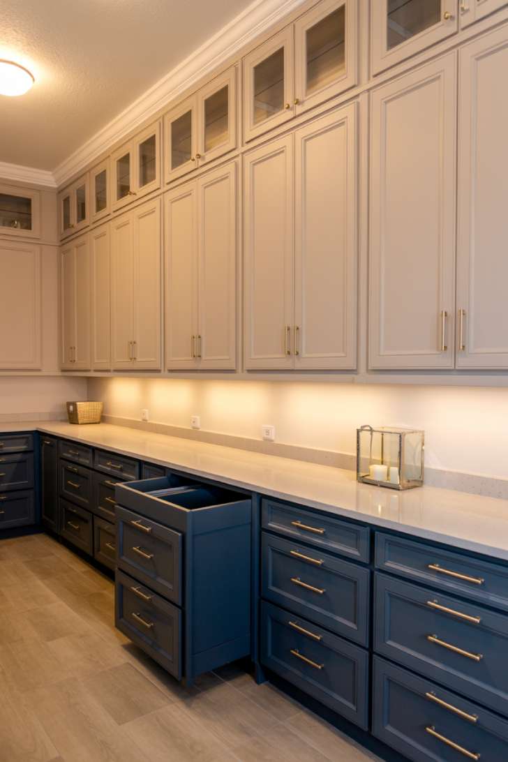 13 Simple Laundry Room Decor Ideas for a Beautiful Space 3 A two-toned laundry room with floor-to-ceiling navy and white cabinetry, brass hardware, and a quartz countertop