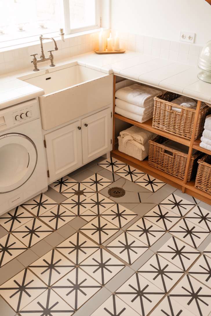 13 Simple Laundry Room Decor Ideas for a Beautiful Space 4 A laundry room with a black and white geometric encaustic cement tile floor and white farmhouse cabinetry