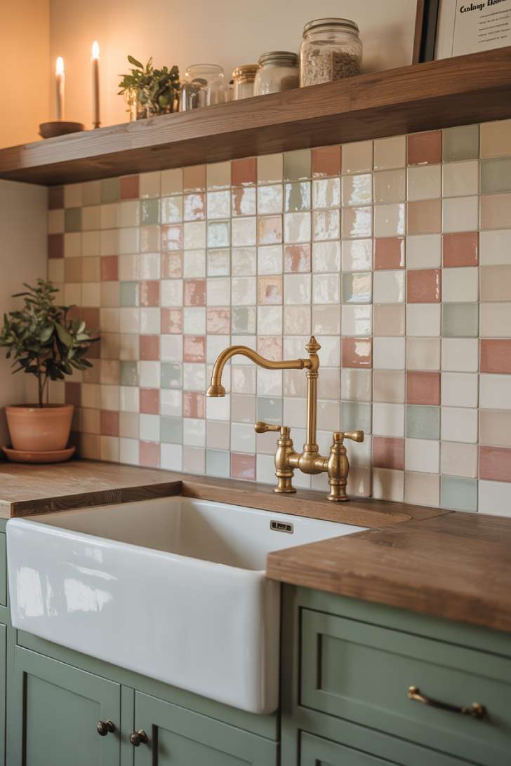 13 Simple Laundry Room Decor Ideas for a Beautiful Space 5 A zellige tile backsplash in warm ivory and terracotta tones above a farmhouse sink with sage green cabinetry