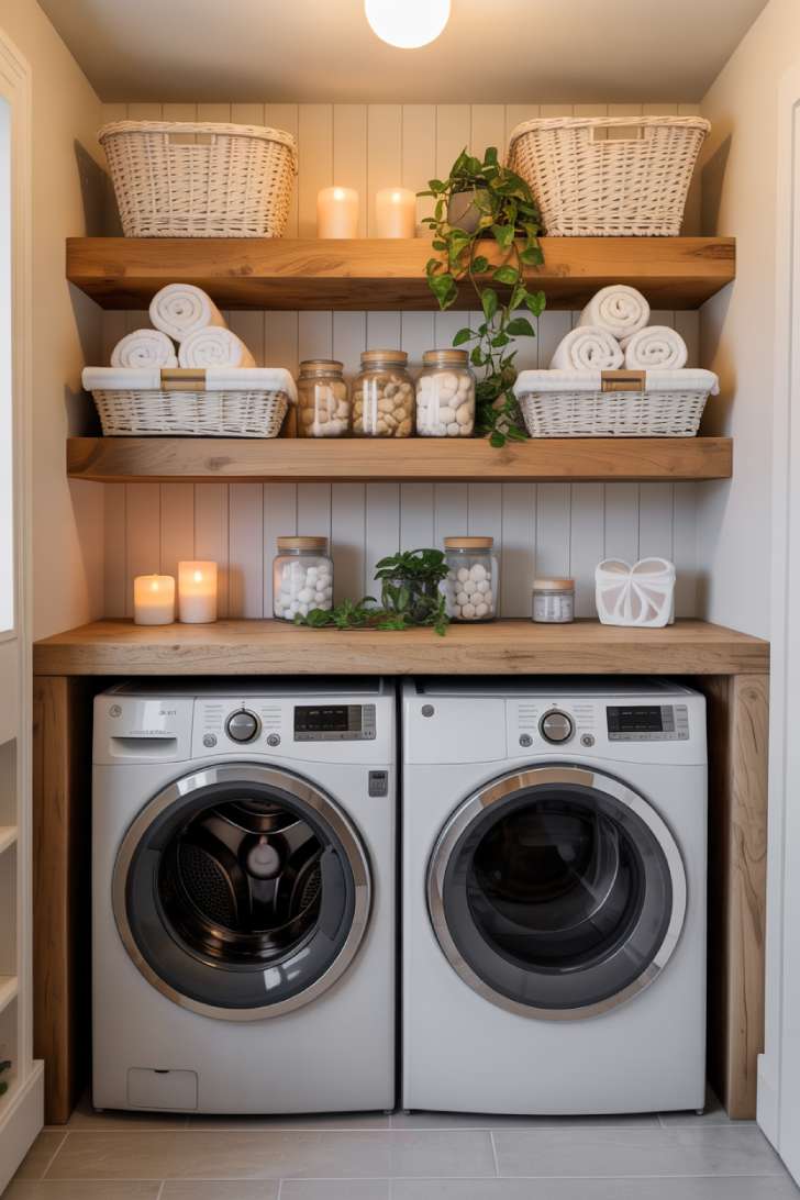 13 Simple Laundry Room Decor Ideas for a Beautiful Space 6 Oak floating shelves above a washer and dryer styled with wicker baskets, glass jars, and a small pothos plant