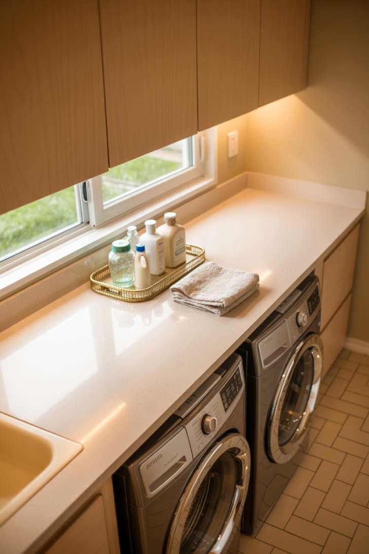13 Simple Laundry Room Decor Ideas for a Beautiful Space 7 A white quartz countertop spanning a washer and dryer with a styled tray and glass jars in a bright laundry room