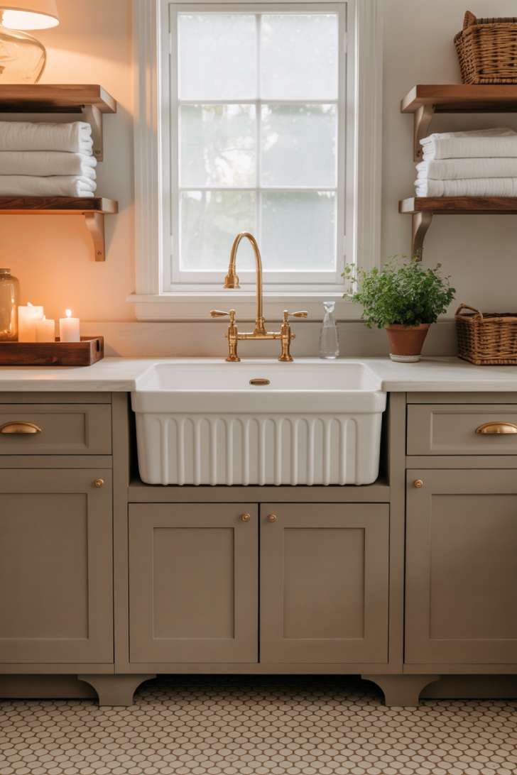 13 Simple Laundry Room Decor Ideas for a Beautiful Space 8 A white fireclay farmhouse sink with a brass gooseneck faucet, penny round tile floor, and open shelving in a cozy laundry room