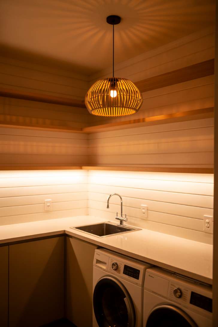 13 Simple Laundry Room Decor Ideas for a Beautiful Space 9 A laundry room with layered lighting including a rattan pendant, under-cabinet LED strips, and a soft ambient ceiling fixture