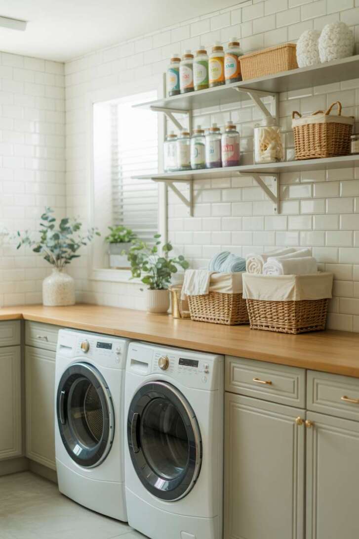 23 Laundry Room Ideas That Mix Design and Functionality 1 Organized laundry room with white subway tiles, warm gray cabinets, and natural wood countertop