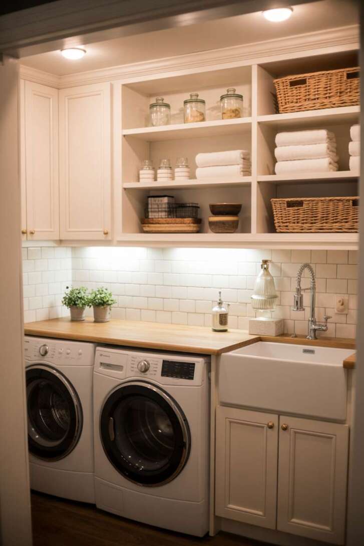 23 Laundry Room Ideas That Mix Design and Functionality 3 Compact utility room with white shaker cabinets, butcher block counters, and farmhouse sink