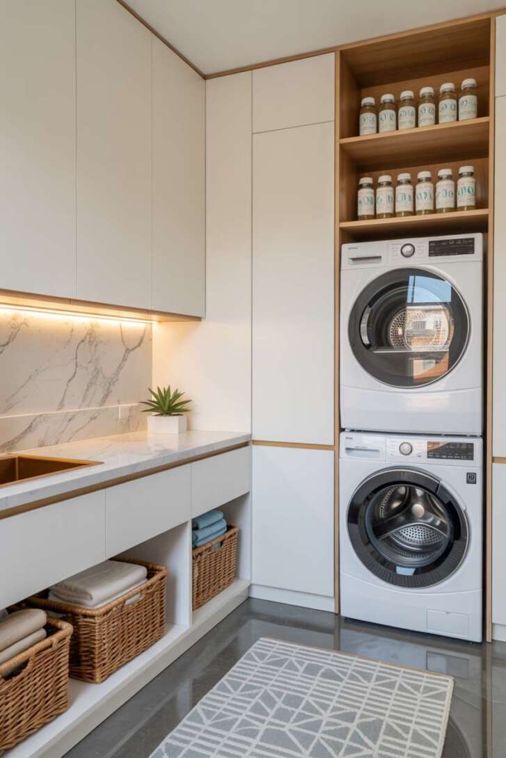 23 Laundry Room Ideas That Mix Design and Functionality 4 Modern laundry room with marble countertop, stacked appliances, and gold hardware