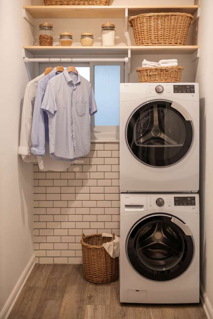 23 Laundry Room Ideas That Mix Design and Functionality 5 Compact laundry room with vertically stacked white appliances and wooden shelving