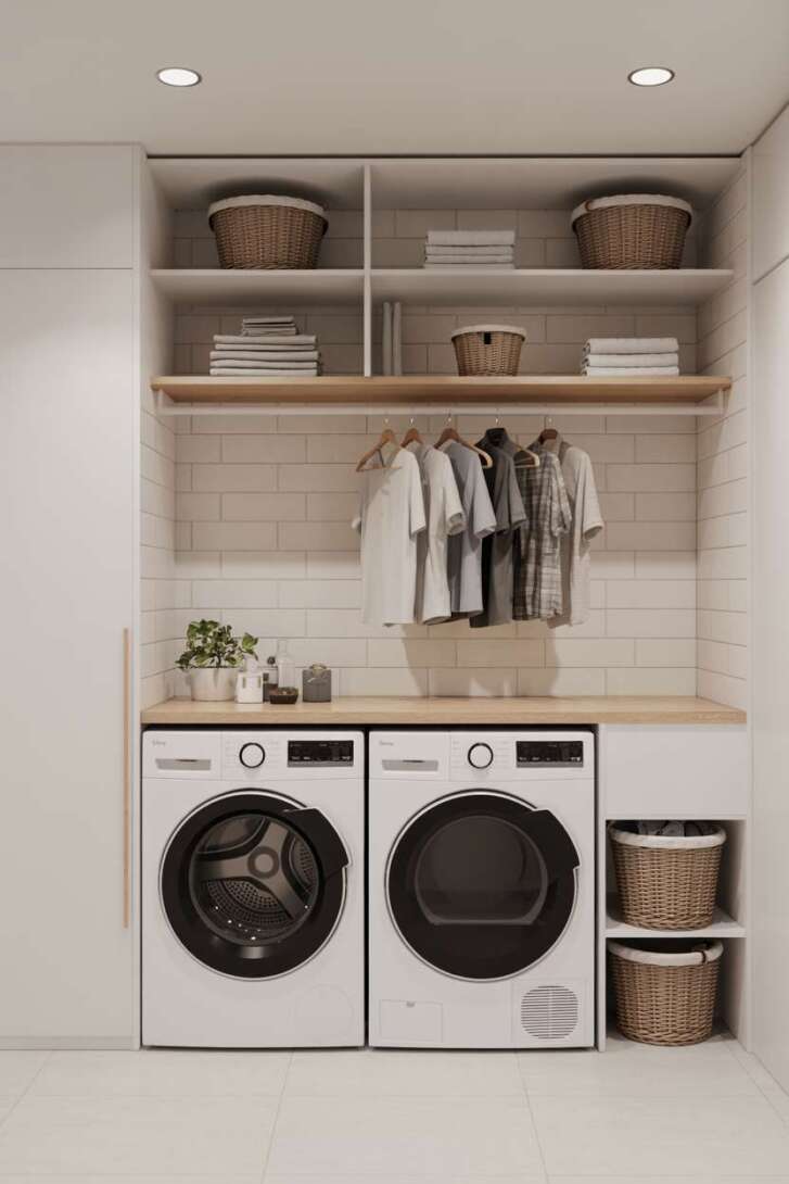 23 Laundry Room Ideas That Mix Design and Functionality 9 Minimalist laundry room with white and gray scheme, floating shelves, and subway tiles