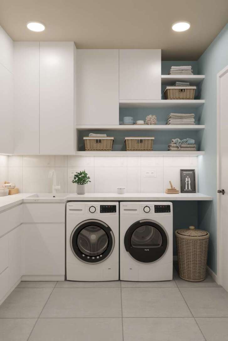 23 Laundry Room Ideas That Mix Design and Functionality 10 Virtual laundry room design with pale blue walls, white cabinets, and light gray tile